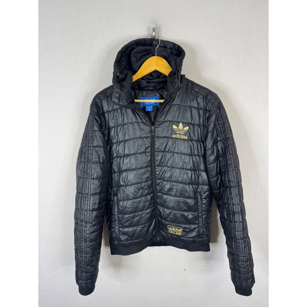 Adidas Chile 62 Mens Hooded Puffer Jacket Black Gold Trefoil Men M